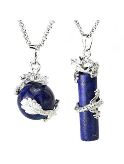 BEADNOVA 2pcs Dragon Wrapped Round Ball Cylinder Gemstone Necklace Crystal Healing Couple Pendant Necklaces Set