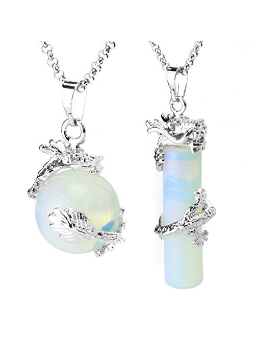 BEADNOVA 2pcs Dragon Wrapped Round Ball Cylinder Gemstone Necklace Crystal Healing Couple Pendant Necklaces Set