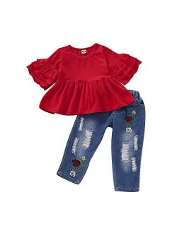 NZRVAWS Toddler Girl Clothes Long Sleeve Ruffle T-Shirt Yellow Top Denim Pants Ripped Jeans 2PCS Outfits Set