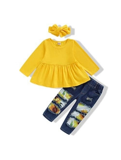 NZRVAWS Toddler Girl Clothes Long Sleeve Ruffle T-Shirt Yellow Top Denim Pants Ripped Jeans 2PCS Outfits Set