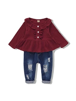 NZRVAWS Toddler Girl Clothes Long Sleeve Ruffle T-Shirt Yellow Top Denim Pants Ripped Jeans 2PCS Outfits Set