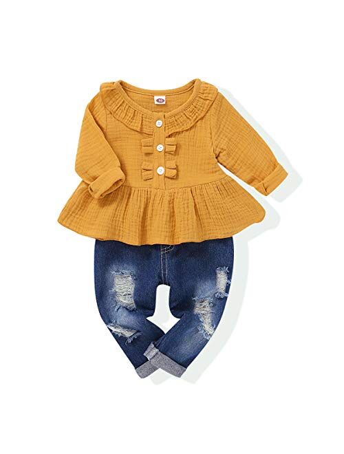 NZRVAWS Toddler Girl Clothes Long Sleeve Ruffle T-Shirt Yellow Top Denim Pants Ripped Jeans 2PCS Outfits Set