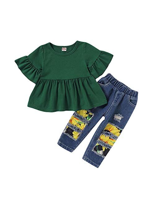 NZRVAWS Toddler Girl Clothes Long Sleeve Ruffle T-Shirt Yellow Top Denim Pants Ripped Jeans 2PCS Outfits Set