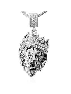 Aiyo Fashion Hip Hop Jewelry Crown Lion Head Pendant Iced Out Clear Rhinestones Curb Cuban Chain Stainless Steel Necklace