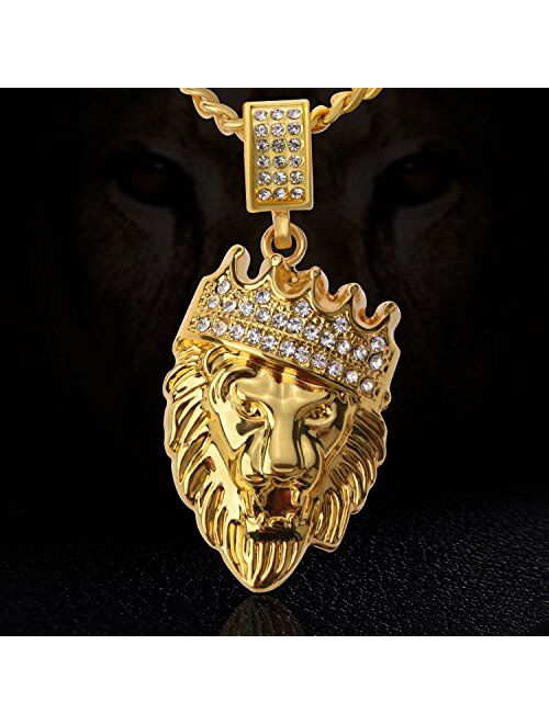 Aiyo Fashion Hip Hop Jewelry Crown Lion Head Pendant Iced Out Clear Rhinestones Curb Cuban Chain Stainless Steel Necklace