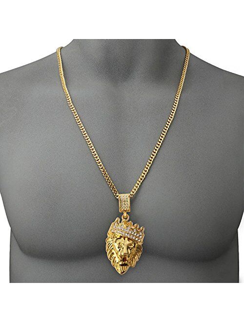 Aiyo Fashion Hip Hop Jewelry Crown Lion Head Pendant Iced Out Clear Rhinestones Curb Cuban Chain Stainless Steel Necklace