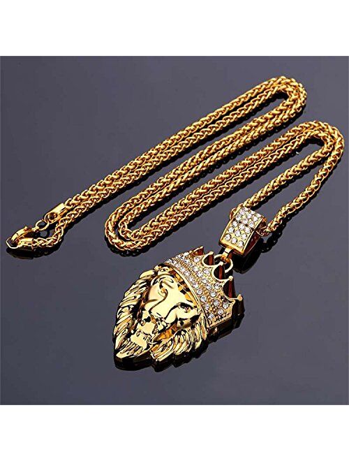 Aiyo Fashion Hip Hop Jewelry Crown Lion Head Pendant Iced Out Clear Rhinestones Curb Cuban Chain Stainless Steel Necklace