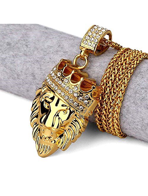 Aiyo Fashion Hip Hop Jewelry Crown Lion Head Pendant Iced Out Clear Rhinestones Curb Cuban Chain Stainless Steel Necklace