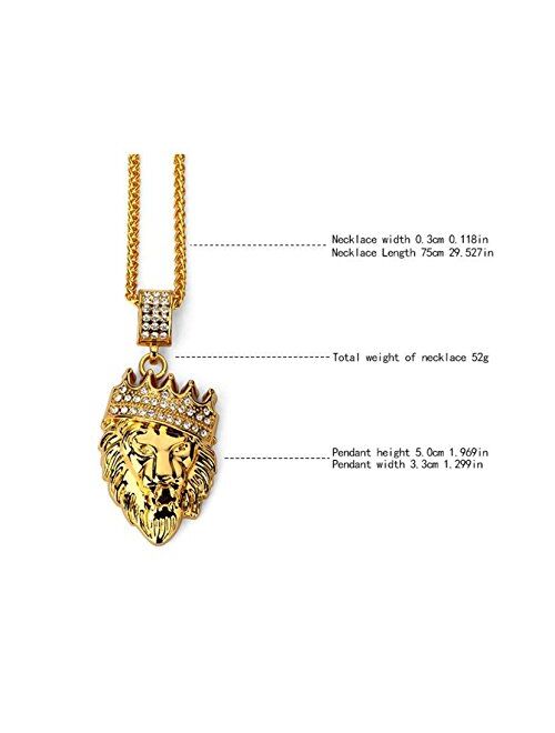 Aiyo Fashion Hip Hop Jewelry Crown Lion Head Pendant Iced Out Clear Rhinestones Curb Cuban Chain Stainless Steel Necklace