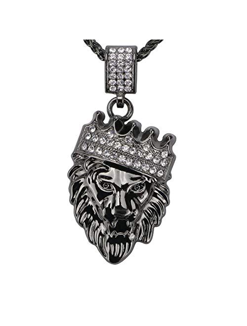 Aiyo Fashion Hip Hop Jewelry Crown Lion Head Pendant Iced Out Clear Rhinestones Curb Cuban Chain Stainless Steel Necklace