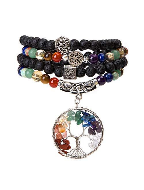 Bivei 108 Mala Beads Bracelet - 7 Chakra Tree of Life Real Healing Gemstone Yoga Meditation Mala Prayer Bead Necklace