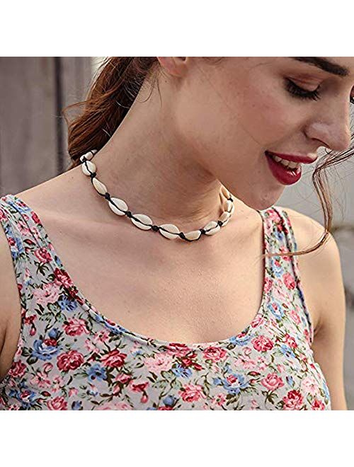 HiRinK 12 Pieces Shell Choker Shell Necklace Handmade Boho Rainbow Seed Beads Choker Adjustable for Women Girls