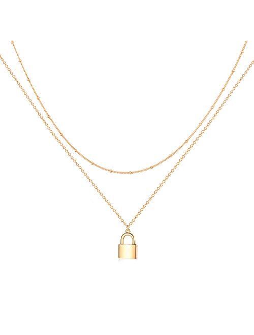 VACrona Dainty Gold Lock Initial Necklace