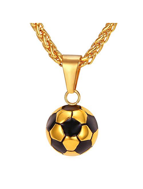 U7 Soccer/Basketball/Rugby/Tennis Racket Necklace Stainless Steel/18K Gold Plated Spiga Chain & Pendant,Men Boys Jewelry