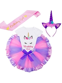 LYLKD Little Girls Unicorn Outfit Dress,Layered Rainbow Tutu Skirt,Unicorn T-Shirt and Unicorn Horn Headband.