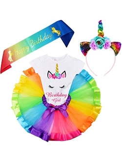 LYLKD Little Girls Unicorn Outfit Dress,Layered Rainbow Tutu Skirt,Unicorn T-Shirt and Unicorn Horn Headband.