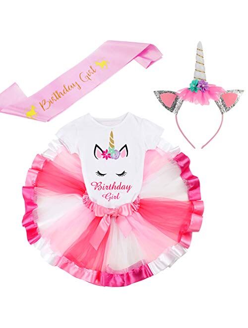 LYLKD Little Girls Unicorn Outfit Dress,Layered Rainbow Tutu Skirt,Unicorn T-Shirt and Unicorn Horn Headband.