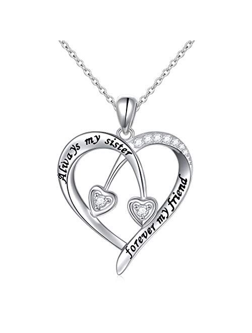 S925 Sterling Silver Always My Sister Forever My Friend Love Heart Pendant Necklace Bff Gift for Women Teen Girls