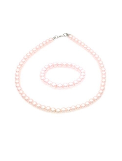 JSEA 8mm Faux Pearl Necklace Elastic Bracelet Jewelry Set Beige White Pink Fake Pearl Jewelry