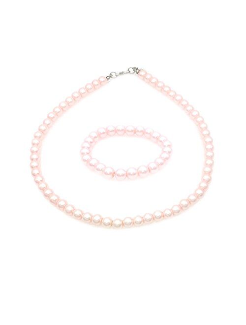 JSEA 8mm Faux Pearl Necklace Elastic Bracelet Jewelry Set Beige White Pink Fake Pearl Jewelry