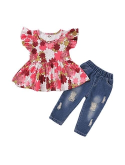 Girl Clothes Little Kids Short Sets Cotton Casual Coat Jeans 2 Pcs Pants Sets