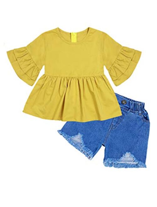 Girl Clothes Little Kids Short Sets Cotton Casual Coat Jeans 2 Pcs Pants Sets