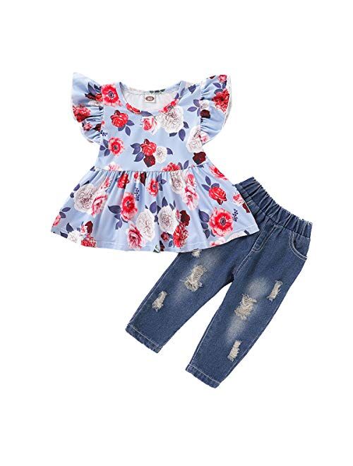 Girl Clothes Little Kids Short Sets Cotton Casual Coat Jeans 2 Pcs Pants Sets