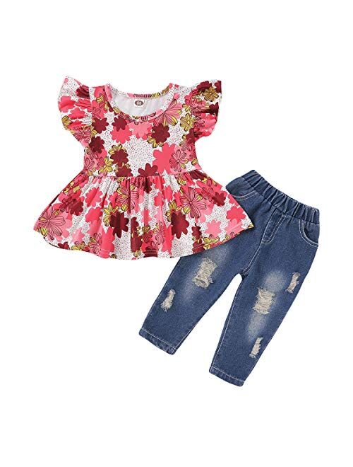 Girl Clothes Little Kids Short Sets Cotton Casual Coat Jeans 2 Pcs Pants Sets