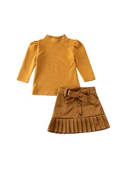 Toddler Baby Girls Leopard Long Sleeve T-Shirt Tops + Yellow Mini Pencil Skirts Outfit Fall Winter Clothes Set