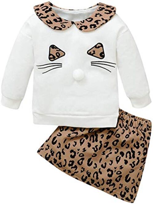 Toddler Baby Girls Leopard Long Sleeve T-Shirt Tops + Yellow Mini Pencil Skirts Outfit Fall Winter Clothes Set