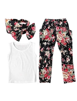 Jastore Girls Sets 3PCS Sleeveless Shirt/Tops + Floral Pants + Headband Clothes