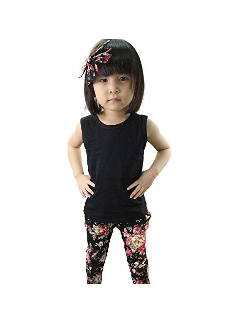 Jastore Girls Sets 3PCS Sleeveless Shirt/Tops + Floral Pants + Headband Clothes