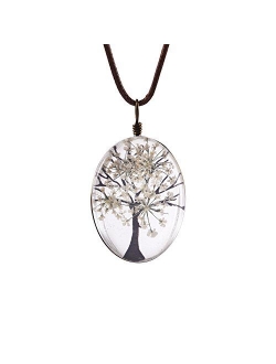 FM FM42 Life of Tree Multi Colors Queen Anne's Lace Dried Flowers Oval Pendant Necklace (4 Colors)