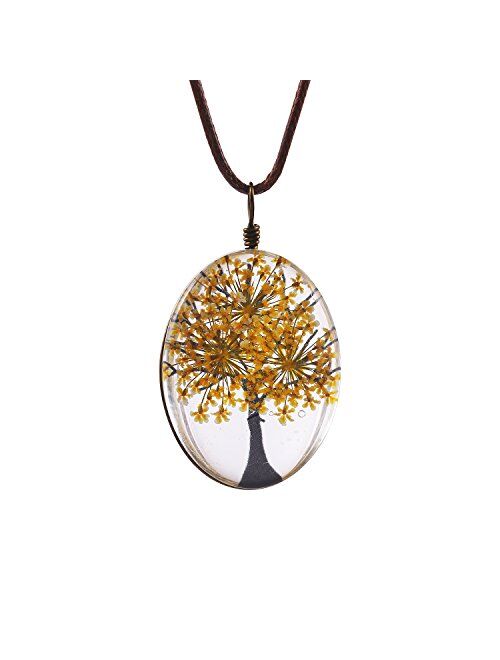 FM FM42 Life of Tree Multi Colors Queen Anne's Lace Dried Flowers Oval Pendant Necklace (4 Colors)