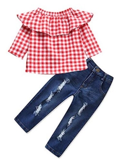 Little Girls Off Shoulder Ruffle Plaid Tops Distressed Jeans Shirts Clothes Set