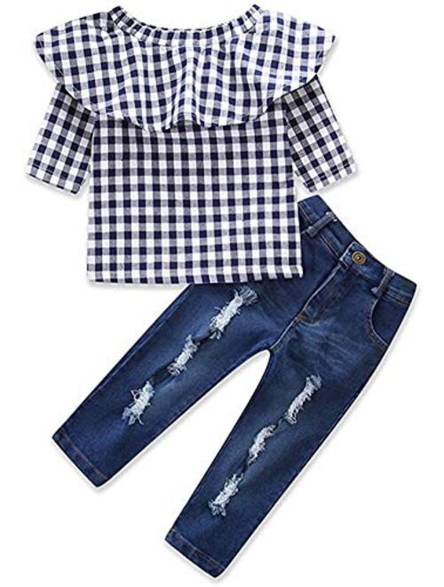 Little Girls Off Shoulder Ruffle Plaid Tops Distressed Jeans Shirts Clothes Set