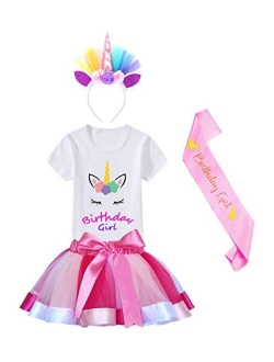 HBeatific Little Girls Layered Tulle Rainbow Tutu Skirt with Unicorn T-Shirt,Headband and Birthday Sash