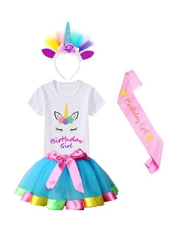 HBeatific Little Girls Layered Tulle Rainbow Tutu Skirt with Unicorn T-Shirt,Headband and Birthday Sash