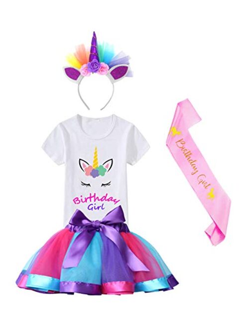 HBeatific Little Girls Layered Tulle Rainbow Tutu Skirt with Unicorn T-Shirt,Headband and Birthday Sash