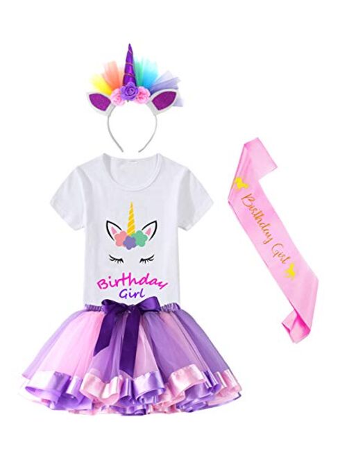 HBeatific Little Girls Layered Tulle Rainbow Tutu Skirt with Unicorn T-Shirt,Headband and Birthday Sash