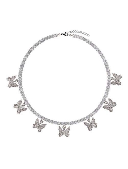 Butterfly Necklace Tennis Chain Butterfly Choker Bling Iced Cubic Zirconia CZ Butterfly Necklace Silver Girls Women