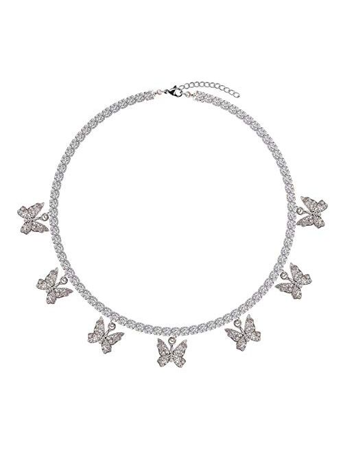 Butterfly Necklace Tennis Chain Butterfly Choker Bling Iced Cubic Zirconia CZ Butterfly Necklace Silver Girls Women