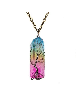 Abitoncc Natural Irregular 7 Chakra Gemstone Tree of Life Copper Wire Wrapped Quartz Healing Crystal Pendant Classic Necklace