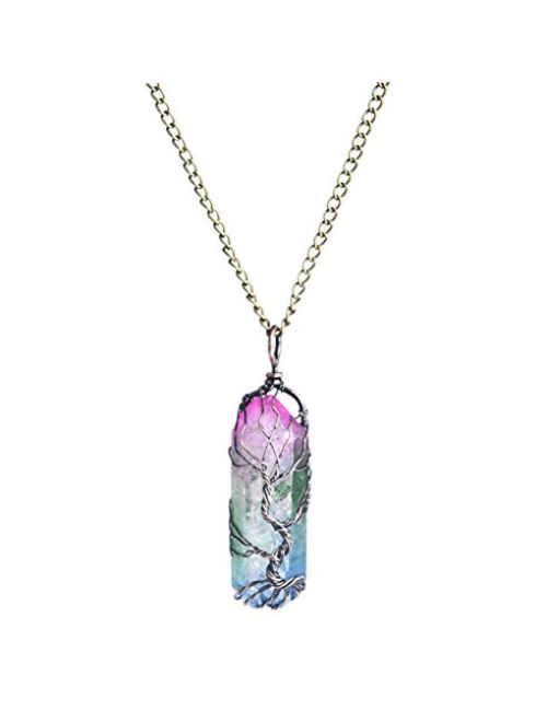 Abitoncc Natural Irregular 7 Chakra Gemstone Tree of Life Copper Wire Wrapped Quartz Healing Crystal Pendant Classic Necklace