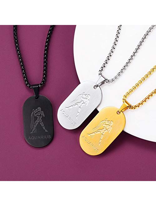 FaithHeart Customizable Astrology 12 Constellation Horoscope Necklace, Stainless Steel/18K Gold Plated Zodiac Star Sign Dog Tag/Coin Pendant Men Lucky Layered Charms for 