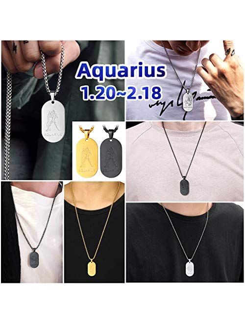 FaithHeart Customizable Astrology 12 Constellation Horoscope Necklace, Stainless Steel/18K Gold Plated Zodiac Star Sign Dog Tag/Coin Pendant Men Lucky Layered Charms for 