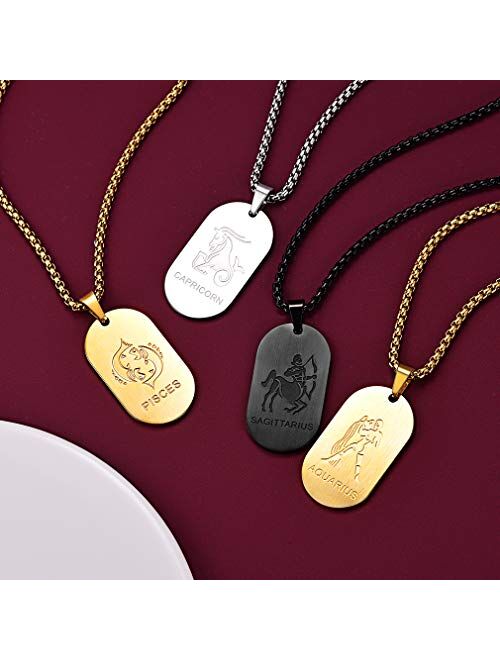 FaithHeart Customizable Astrology 12 Constellation Horoscope Necklace, Stainless Steel/18K Gold Plated Zodiac Star Sign Dog Tag/Coin Pendant Men Lucky Layered Charms for 