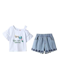 little dragon pig Girl Toddler Matching Outfits White Tshirt+Bowknot Denim Shorts Skirt 2PCS Christmas Clothes