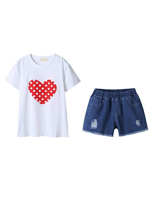 little dragon pig Girl Toddler Matching Outfits White Tshirt+Bowknot Denim Shorts Skirt 2PCS Christmas Clothes