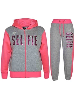 Kids Girls Tracksuit #Selfie Print Hoodie & Bottom Jog Suit New Age 7-13 Years